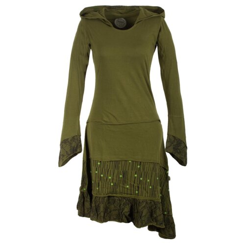 Vishes Lagenlook Langarm Patchwork Elfenkleid mit Zipfelkapuze und Rüschen olivegrün 48