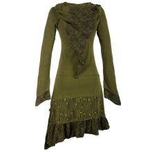 Vishes Lagenlook Langarm Patchwork Elfenkleid mit Zipfelkapuze und Rüschen olivegrün 50