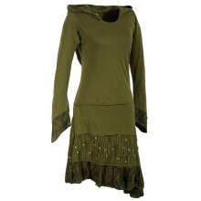 Vishes Lagenlook Langarm Patchwork Elfenkleid mit Zipfelkapuze und Rüschen olivegrün 50