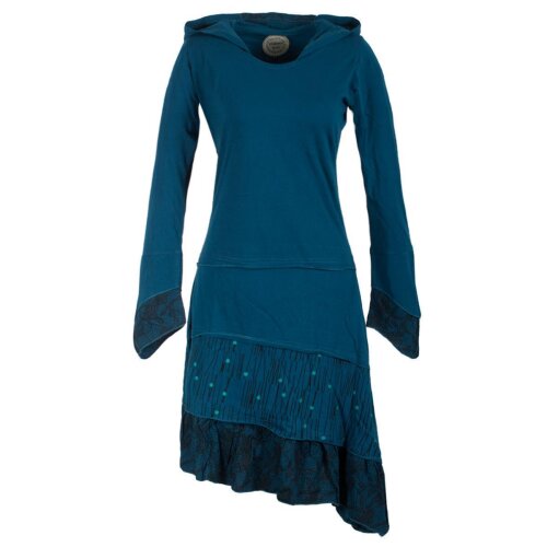 Vishes Lagenlook Langarm Patchwork Elfenkleid mit Zipfelkapuze und Rüschen türkis 42
