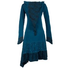Vishes Lagenlook Langarm Patchwork Elfenkleid mit Zipfelkapuze und Rüschen türkis 42