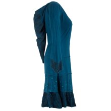 Vishes Lagenlook Langarm Patchwork Elfenkleid mit Zipfelkapuze und Rüschen türkis 42