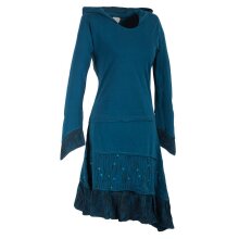 Vishes Lagenlook Langarm Patchwork Elfenkleid mit Zipfelkapuze und Rüschen türkis 50