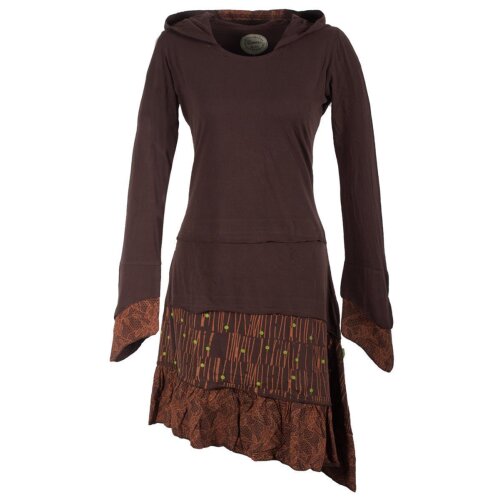 Vishes Lagenlook Langarm Patchwork Elfenkleid mit Zipfelkapuze und Rüschen braun 34-36