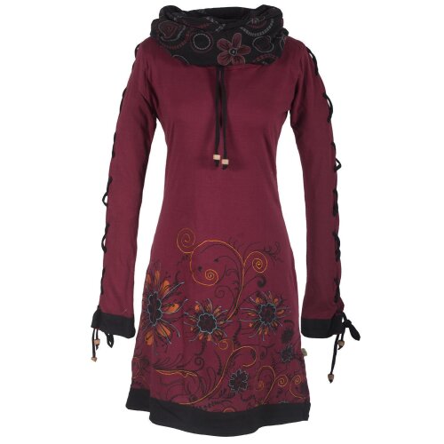 Vishes Bedrucktes Damen Blumen Kleid mit Schalkragen und Schnüren dunkelrot 34-36
