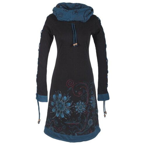Vishes Bedrucktes Damen Blumen Kleid mit Schalkragen und Schnüren schwarz 32-34