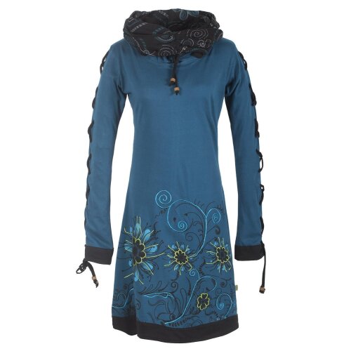 Vishes Bedrucktes Damen Blumen Kleid mit Schalkragen und Schnüren türkis 38