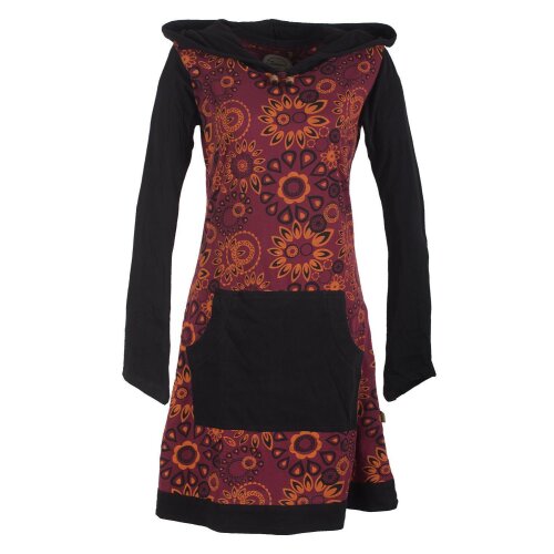 Vishes Kapuzenkleid aus Baumwolle mit Kangurutasche und Blumen dunkelrot 46