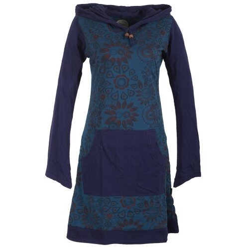 Vishes Kapuzenkleid aus Baumwolle mit Kangurutasche und Blumen türkis 46