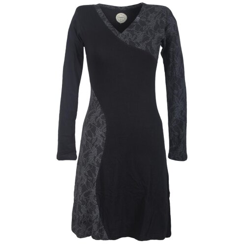 Vishes Asymmetrisches Damen Lagenlook Kleid Baumwolle mit Spitze bedruckt schwarz 50-52