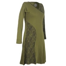 Vishes Asymmetrisches Damen Lagenlook Kleid Baumwolle mit Spitze bedruckt olive 36-38