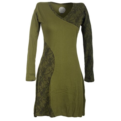 Vishes Asymmetrisches Damen Lagenlook Kleid Baumwolle mit Spitze bedruckt olive 48