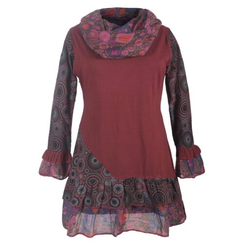 Vishes Damen Langarm Mandala Rüschenkleid mit Kapuzenschal dunkelrot 34