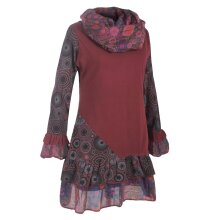 Vishes Damen Langarm Mandala Rüschenkleid mit Kapuzenschal dunkelrot 36-38