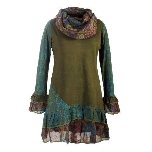 Vishes Damen Langarm Mandala Rüschenkleid mit Kapuzenschal olive 32