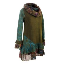 Vishes Damen Langarm Mandala Rüschenkleid mit Kapuzenschal olive 34