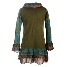 Vishes Damen Langarm Mandala Rüschenkleid mit Kapuzenschal olive 36-38