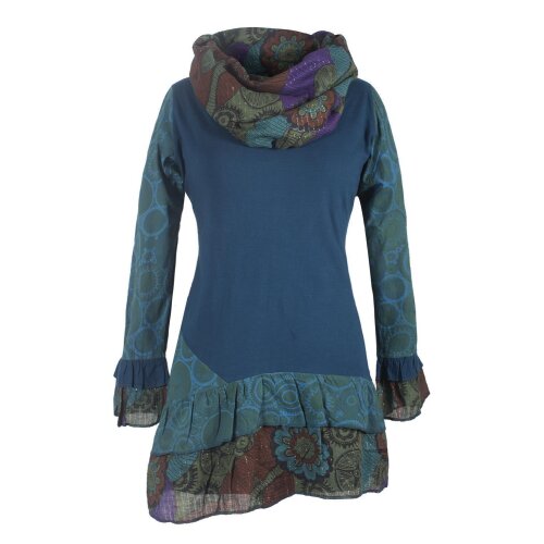Vishes Damen Langarm Mandala Rüschenkleid mit Kapuzenschal türkis 46