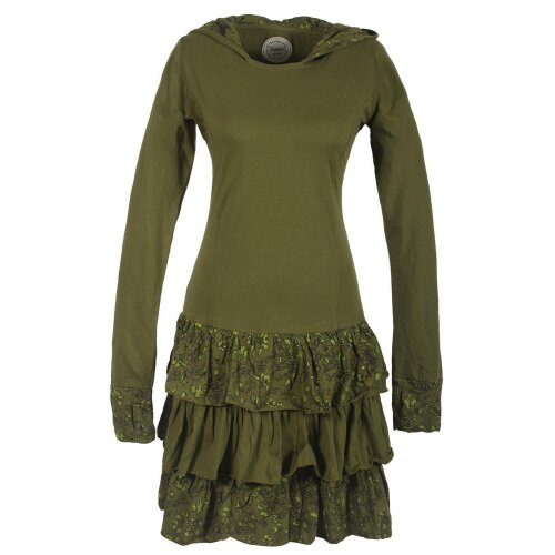 Vishes Langarm Hoodie Kapuzenkleid aus Baumwolle mit Rüschen olive 44-46