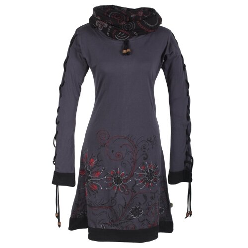 Vishes Bedrucktes Damen Blumen Kleid mit Schalkragen und Schnüren grau 34-36