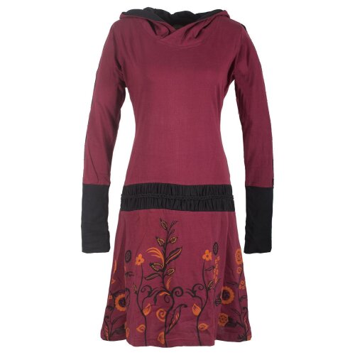 Vishes - Bedrucktes Langarm Damen Blumen Kleid mit Kapuze und geknüpftem Gürtel dunkelrot 40-42