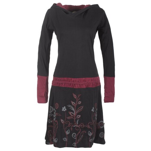 Vishes - Bedrucktes Langarm Damen Blumen Kleid mit Kapuze und geknüpftem Gürtel schwarz 44