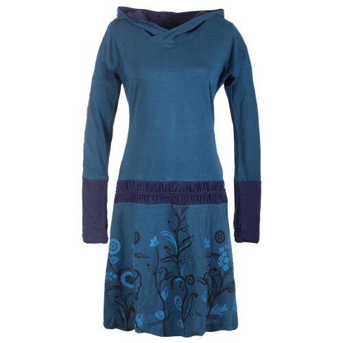 Vishes - Bedrucktes Langarm Damen Blumen Kleid mit Kapuze und geknüpftem Gürtel türkis 46