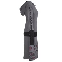 Vishes - Bedrucktes Langarm Damen Blumen Kleid mit Kapuze und geknüpftem Gürtel grau 34-36