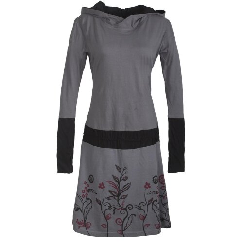 Vishes - Bedrucktes Langarm Damen Blumen Kleid mit Kapuze und geknüpftem Gürtel grau 38