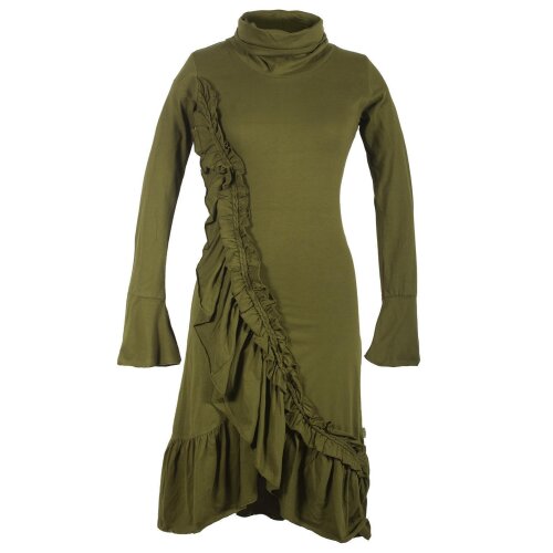 Vishes Asymmetrisches Volant Langarmkleid aus Biobaumwolle mit Rüschen olive 40-42