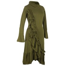Vishes Asymmetrisches Volant Langarmkleid aus Biobaumwolle mit Rüschen olive 40-42