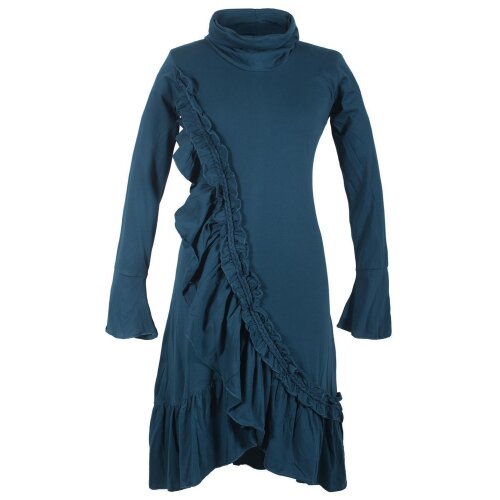 Vishes Asymmetrisches Volant Langarmkleid aus Biobaumwolle mit Rüschen türkis 36-38