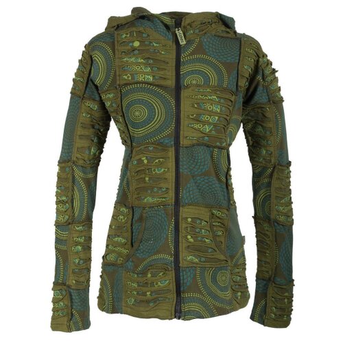 Vishes Kurze Leichte Damen Patchworkjacke aus Baumwolle mit Zipfelkapuze und Cutwork olive 44