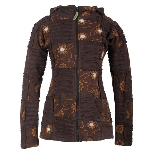 Vishes - Bestickte Damen Blumen Patchworkjacke Hoodie aus Baumwolle mit Zipfelkapuze braun 42