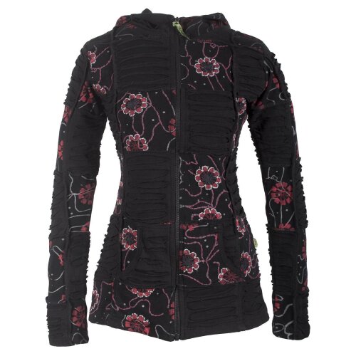 Vishes - Bestickte Damen Blumen Patchworkjacke Hoodie aus Baumwolle mit Zipfelkapuze schwarz 44-46