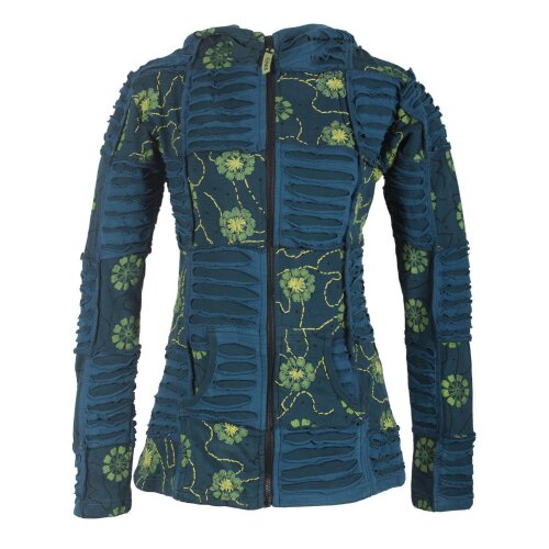 Vishes - Bestickte Damen Blumen Patchworkjacke Hoodie aus Baumwolle mit Zipfelkapuze türkis 44-46