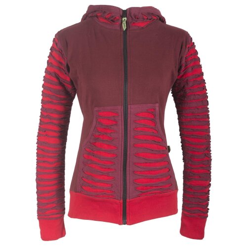 Vishes Gestreifte Damen Patchworkjacke Kapuzenjacke Hoodie Baumwolle mit Cutwork dunkelrot 38