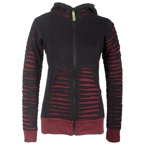 Vishes Gestreifte Damen Patchworkjacke Kapuzenjacke Hoodie Baumwolle mit Cutwork schwarz-dunkelrot 46-48