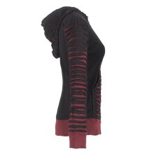 Vishes Gestreifte Damen Patchworkjacke Kapuzenjacke Hoodie Baumwolle mit Cutwork schwarz-dunkelrot 46-48