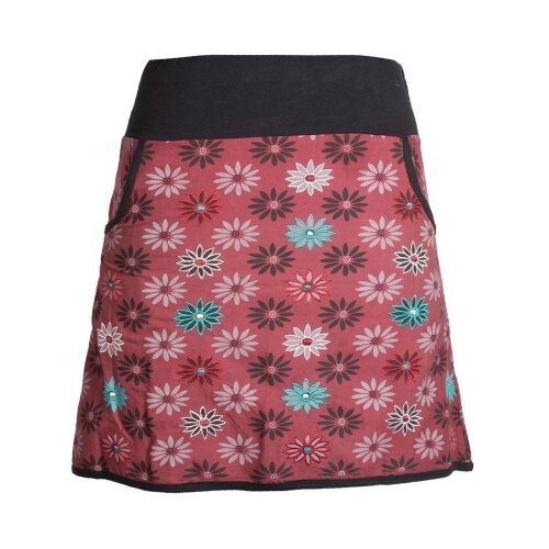 Vishes Damen Baumwoll-Rock mit 70er Jahre Retro Blumen bedruckt und Taschen dunkelrot 34