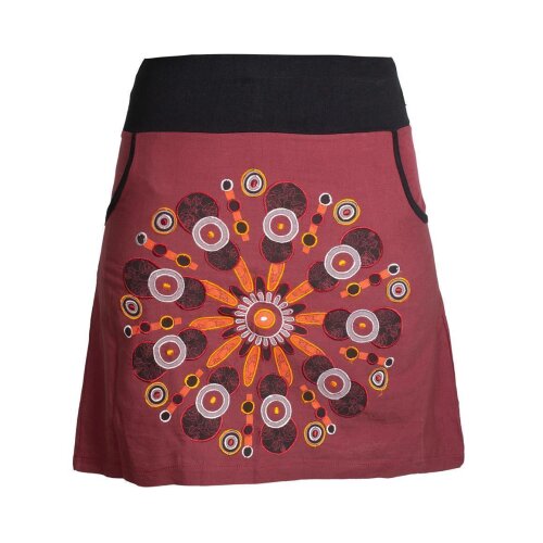 Vishes Damen Baumwoll-Rock mit großer Mandala-Blume hand-bedruckt und bestickt dunkelrot 34