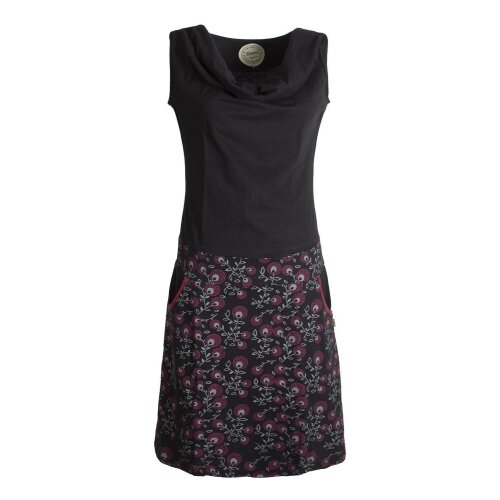 Vishes Damen Baumwoll-Kleid mit Blumen-Muster, Wasserfall-Kragen und Taschen schwarz 46-48