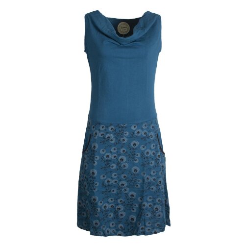 Vishes Damen Baumwoll-Kleid mit Blumen-Muster, Wasserfall-Kragen und Taschen türkis 34