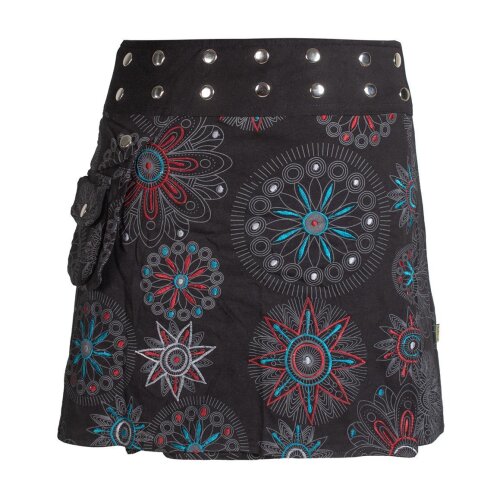 Vishes Damen Wickel-Rock Bedruckt Bestickt Blumen Mandala Druckknöpfe Gürtel-Tasche schwarz 34-40