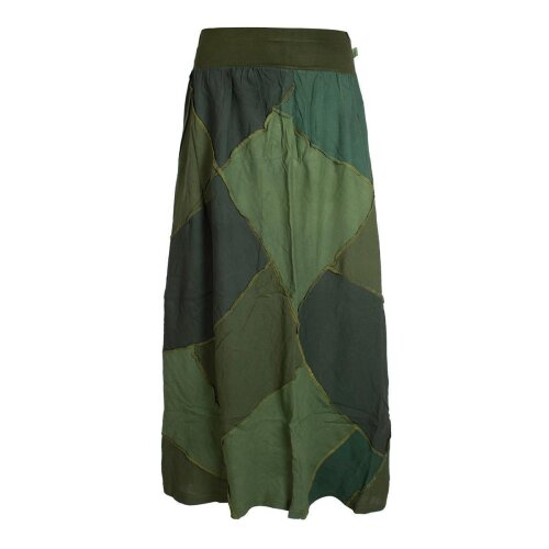 Vishes Langer Weiter Damen Patchwork-Rock - Handgewebte Baumwolle - Leinen-Optik olive 34
