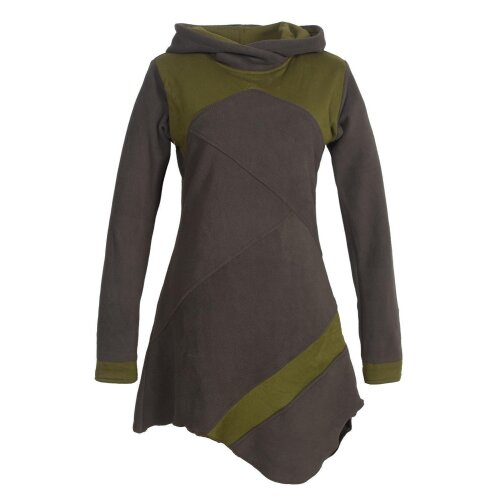 Vishes Asymmetrisches Patchwork Langarm Damen Winterkleid aus Recycling-Fleece olive 42