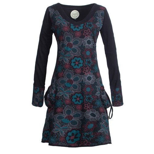 Vishes - Bedrucktes Langarm Damen Blumenkleid Baumwolle schwarz 38