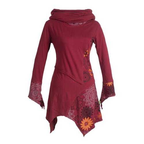 Vishes Asymmetrische Bedruckte Langarm Damen Blumen Tunika mit Schalkragen dunkelrot 38