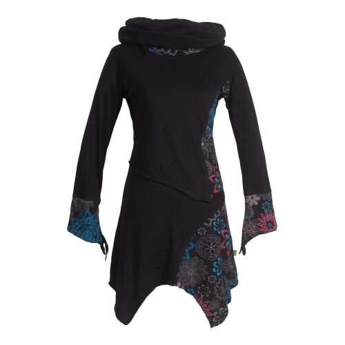 Vishes Asymmetrische Bedruckte Langarm Damen Blumen Tunika mit Schalkragen schwarz 36-38