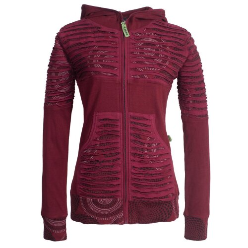 Vishes Damen Hoodie Kapuzenjacke Baumwolle Gestreift Mandala Cutwork Patchwork dunkelrot 36